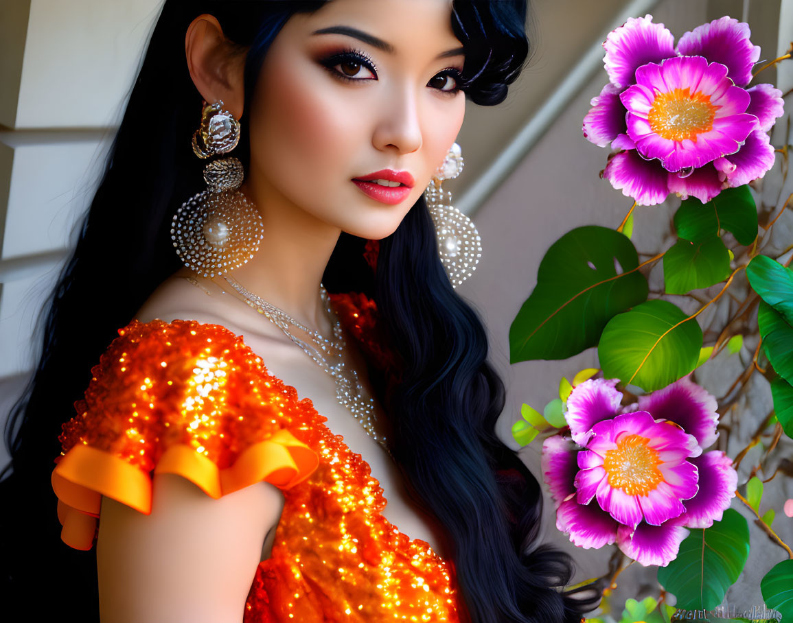 Woman with Striking Makeup in Orange Dress with Pink Flowers