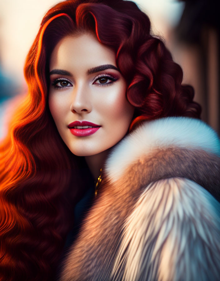 Vibrant red-haired woman in fur coat with soft gaze