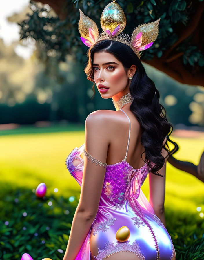 Dark-haired woman in fantasy costume with bunny ears surrounded by colorful eggs in lush garden