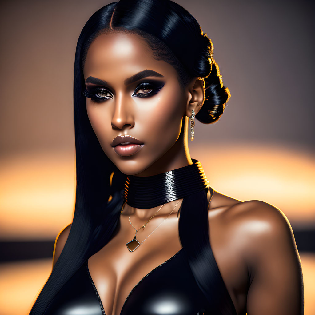 Digital portrait of woman with sleek hair, striking makeup, choker, sunset background