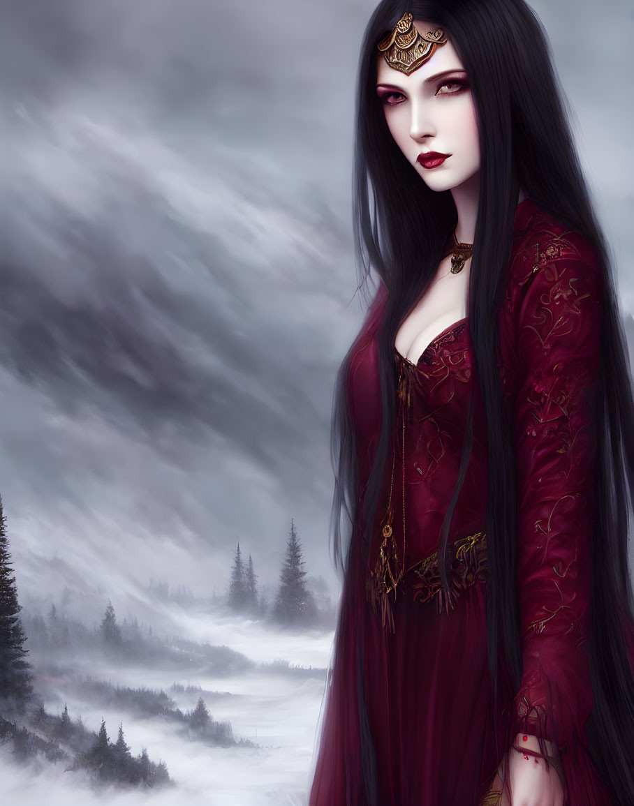 Gothic fantasy art: Pale woman in red dress in misty winter forest