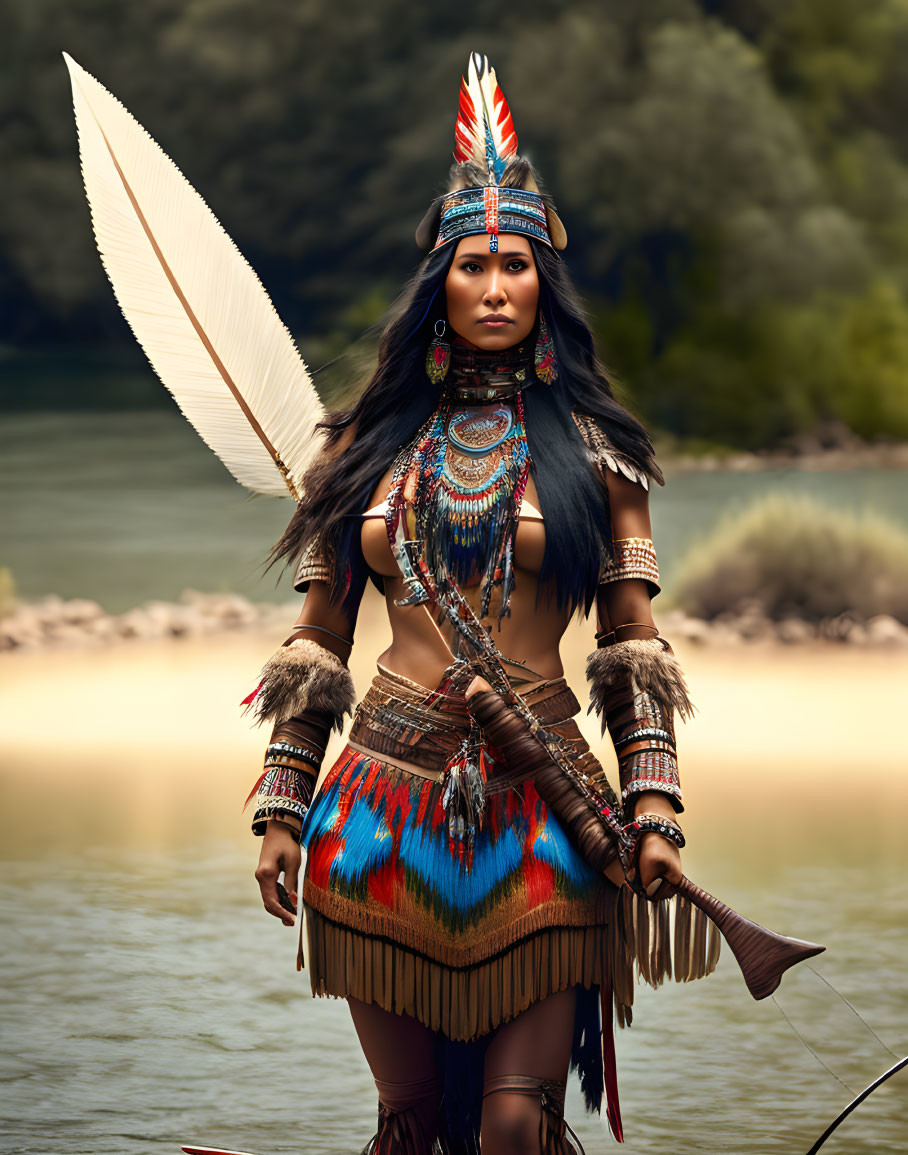 Elaborate Native American-inspired attire with feathered headdress and spear.