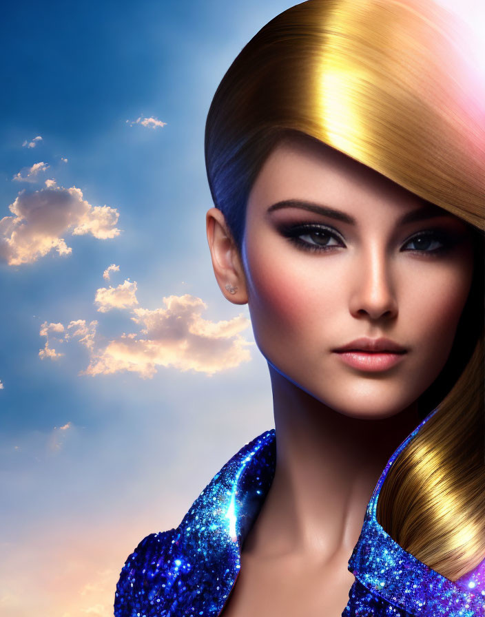 Digital artwork: Woman with golden hair, dramatic makeup, sparkling blue garment, cloudy sky backdrop