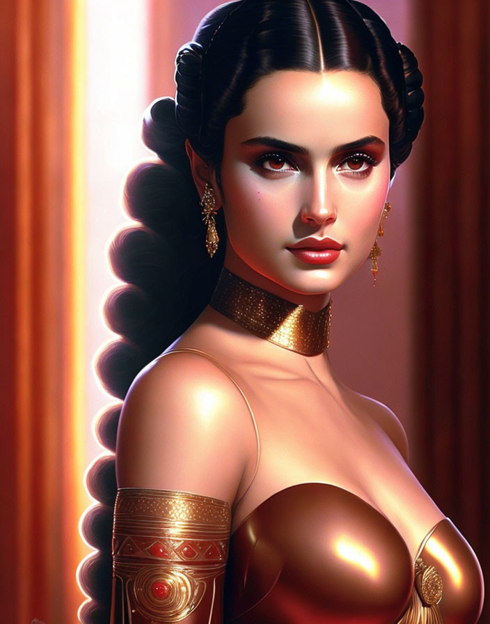 Elegant digital portrait of a woman with sleek hair and gold jewelry