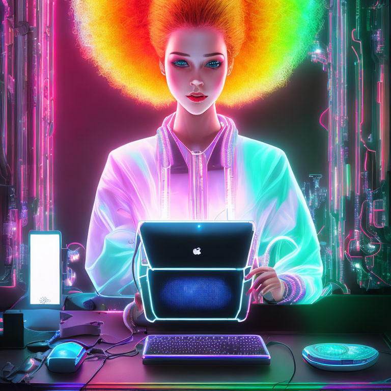 Neon-lit illustration of woman with orange halo hair using futuristic laptop