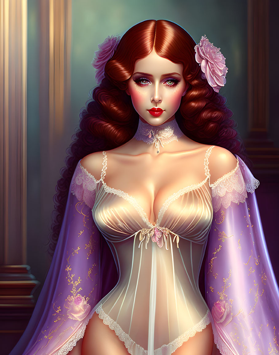 Digital artwork: Woman with red curly hair in vintage corset dress, choker, floral accents