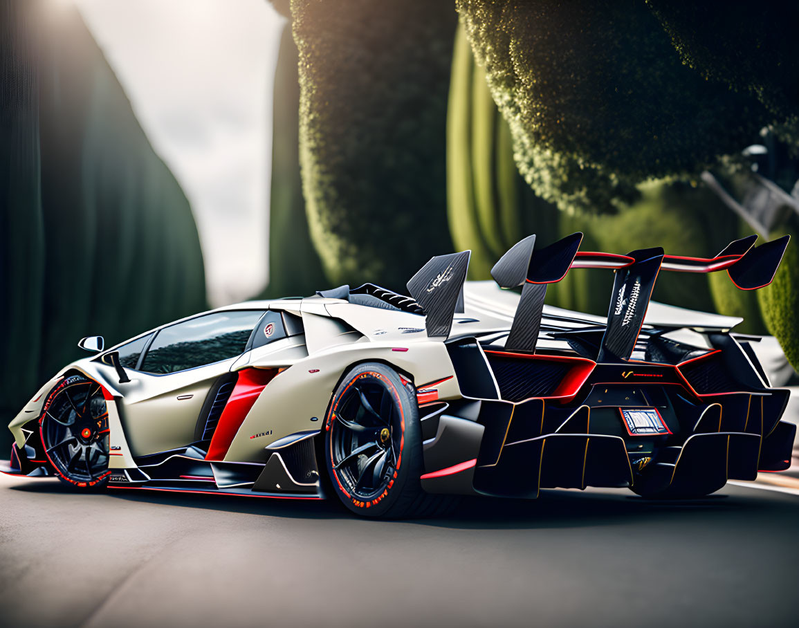 White and Black Lamborghini with Red Accents and Rear Wing Parked Outdoors