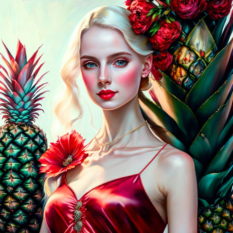 Stylized portrait of woman with platinum blonde hair, blue eyes, red flower crown, red dress