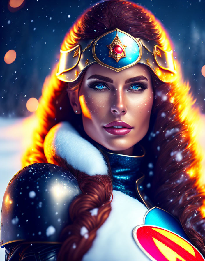 Digital portrait of warrior woman with blue eyes, detailed helmet, red jewel, fur collar, and armor