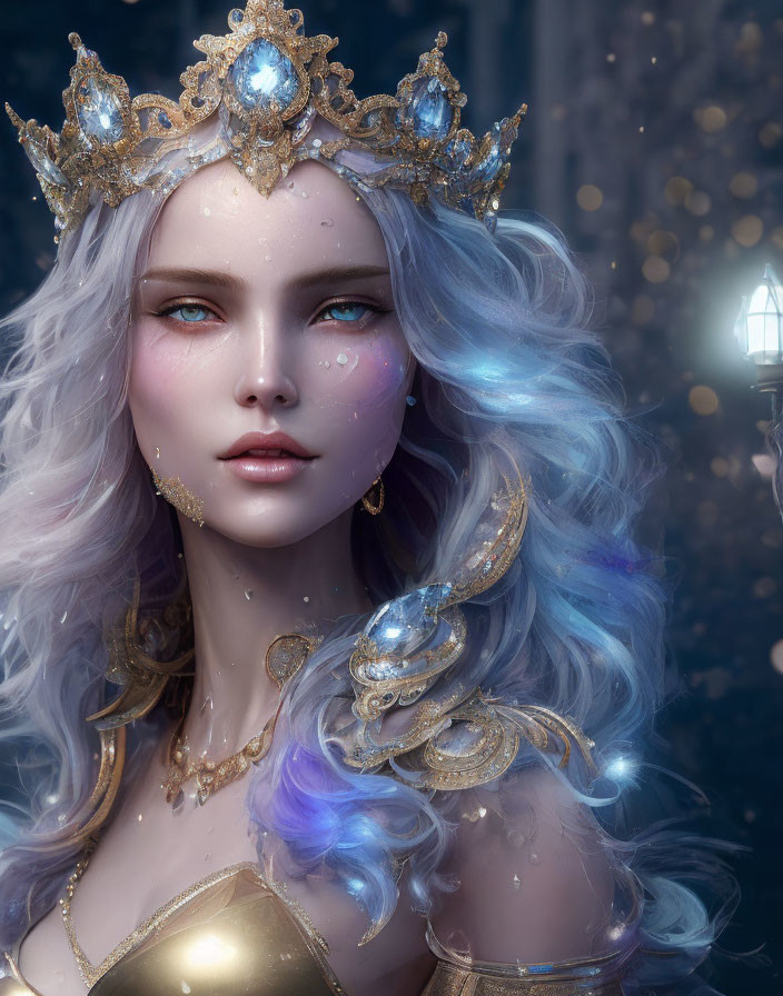 Regal woman with golden crown and multicolored hair in twilight setting