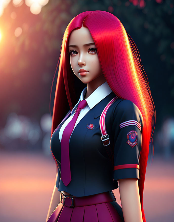 Digital artwork featuring girl with vibrant red hair in black school uniform