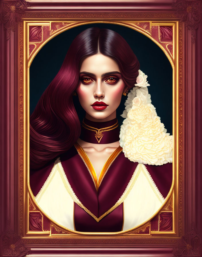 Illustrated portrait of woman with dark red hair and green eyes in maroon and white outfit, framed