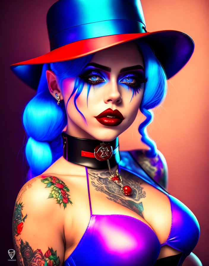 Blue-skinned woman in purple corset and hat on red background