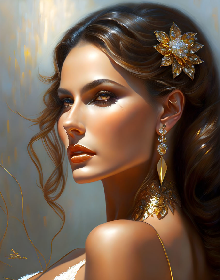 Digital portrait of woman with wavy hair and golden jewelry on soft golden background