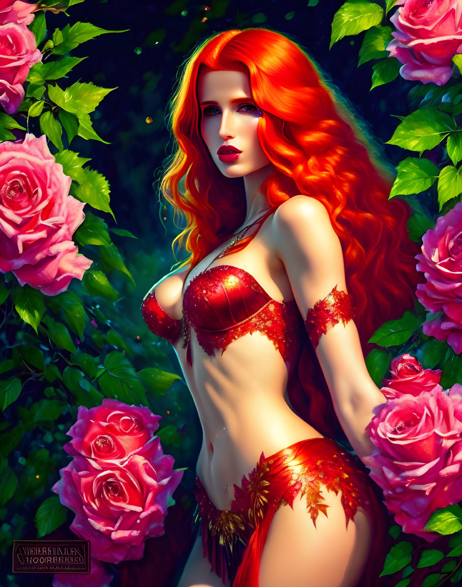 Digital artwork featuring woman with red hair and rose-themed attire amidst lush rose background