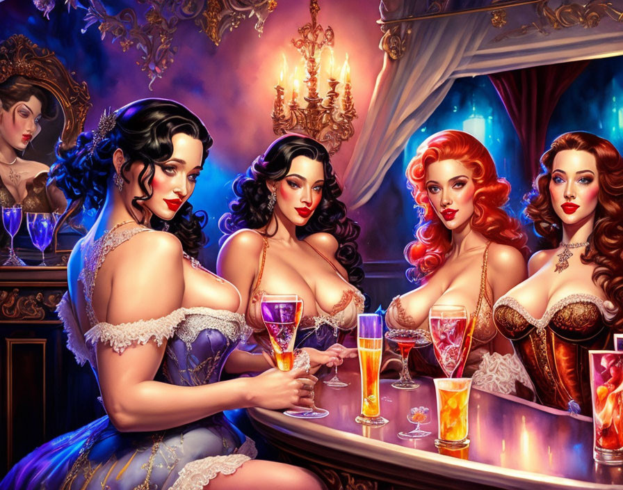 Vintage Style Illustration of Four Women in Corsets at Opulent Bar