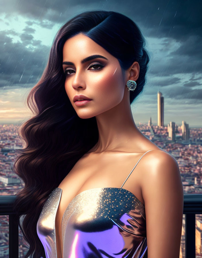 Elegant woman with long wavy hair in shiny dress against city skyline.