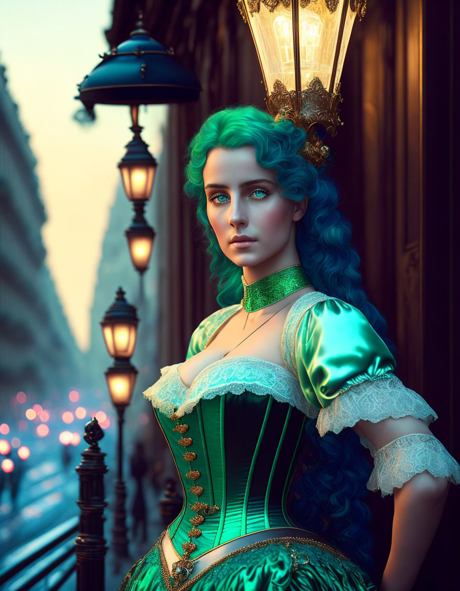 Vibrant green-haired woman in Victorian-style corset dress on evening-lit street