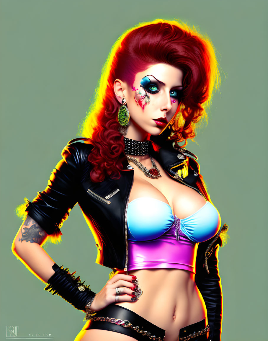 Digital artwork: Woman with red hair, tattoo, leather jacket, blue top, pink corset