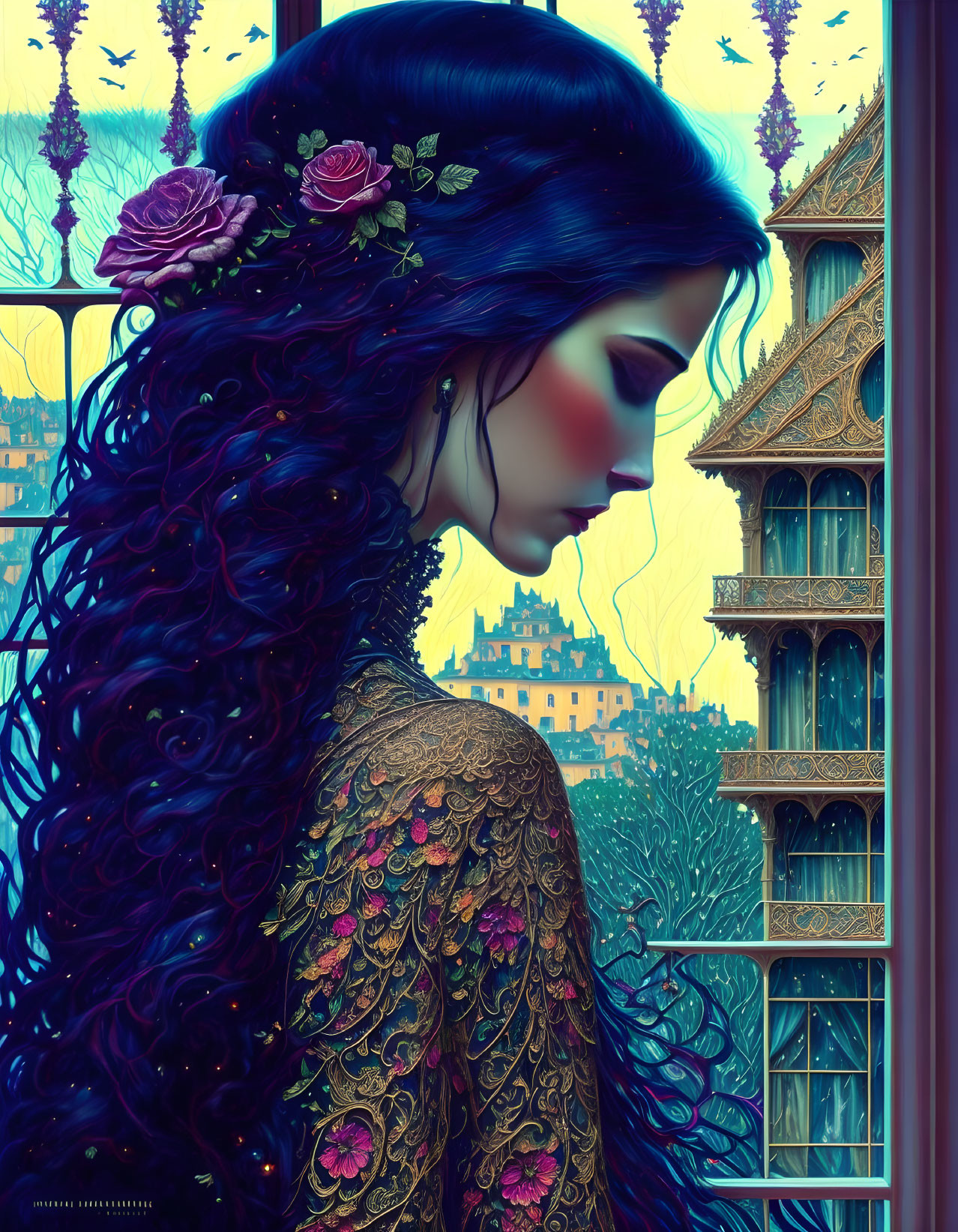 Intricate blue wavy hair woman in golden dress against fantastical backdrop