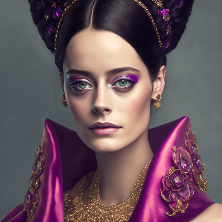 Elaborate Purple and Gold Attire on Woman with Striking Makeup