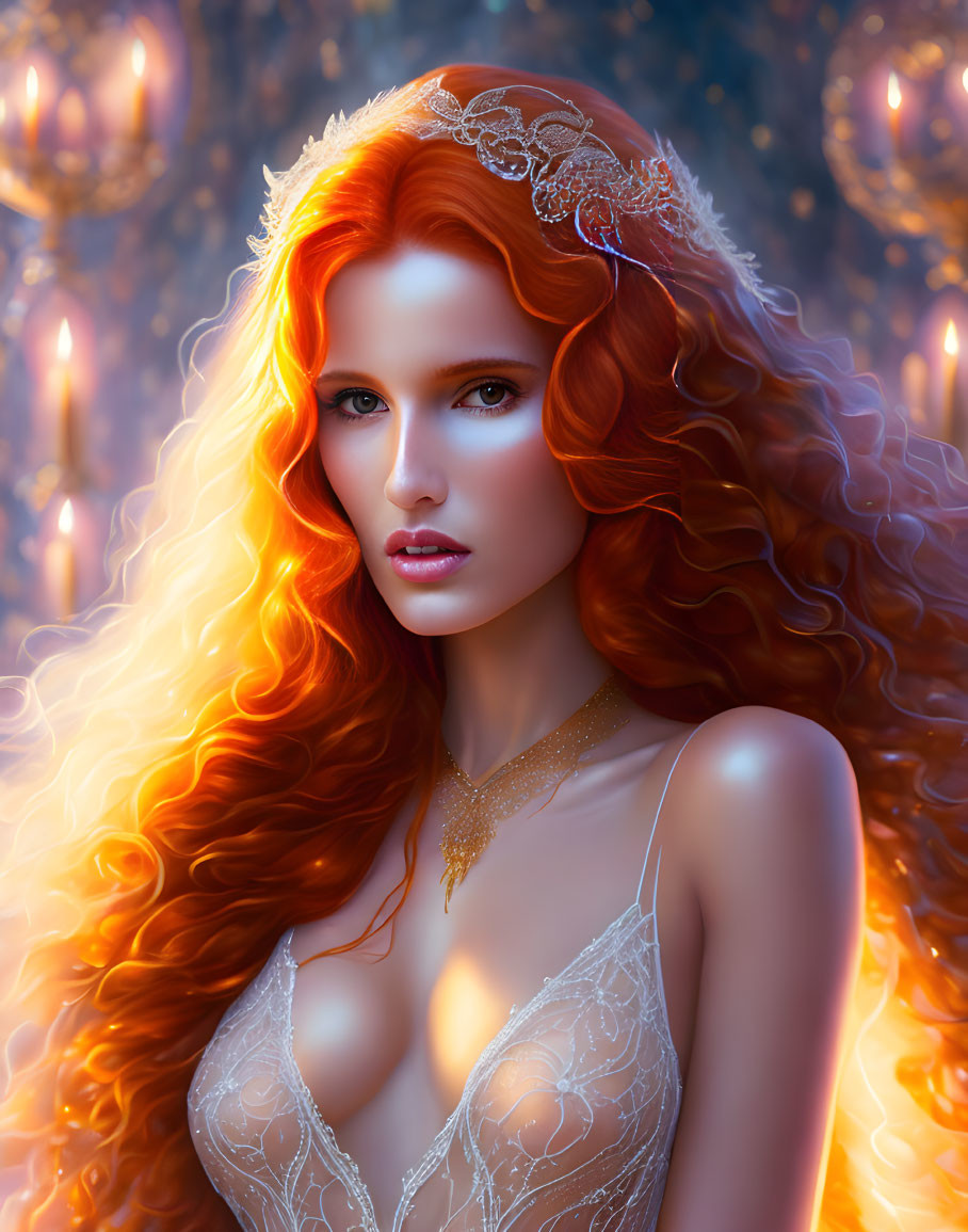 Digital artwork of woman with red hair in white gown among candles