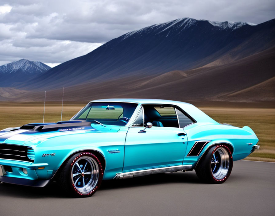 Vintage Muscle Car with "Super Sport" Label in Blue & White Stripes Parked Against Mountain Landscape