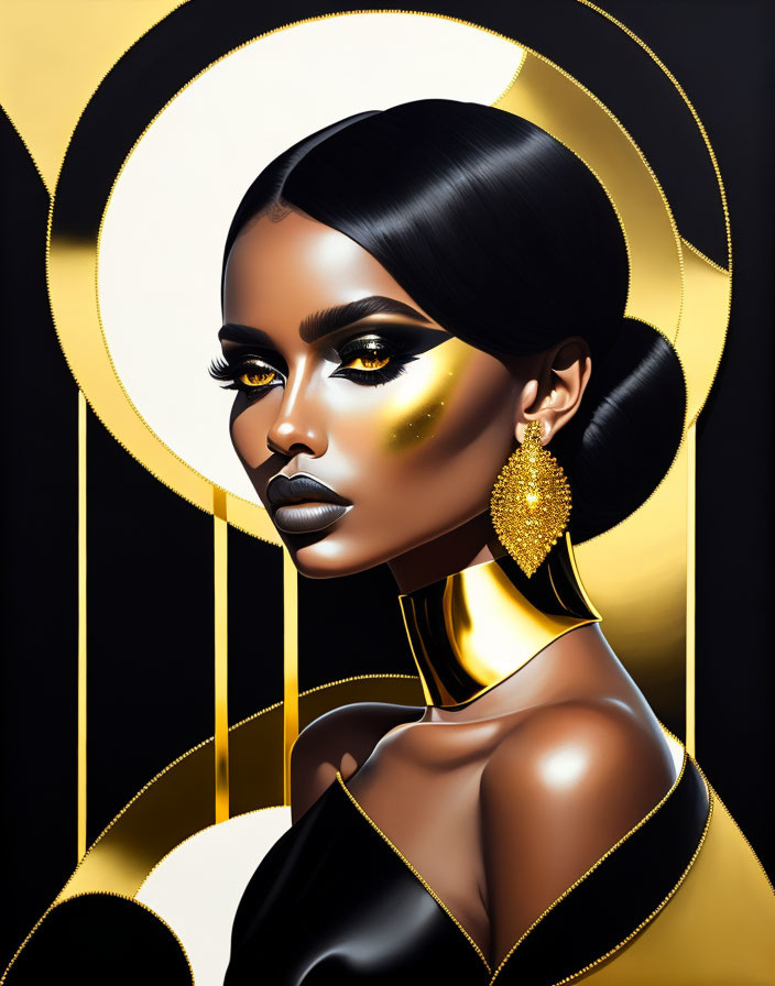 Digital portrait of a woman with gold highlights and abstract golden halos.