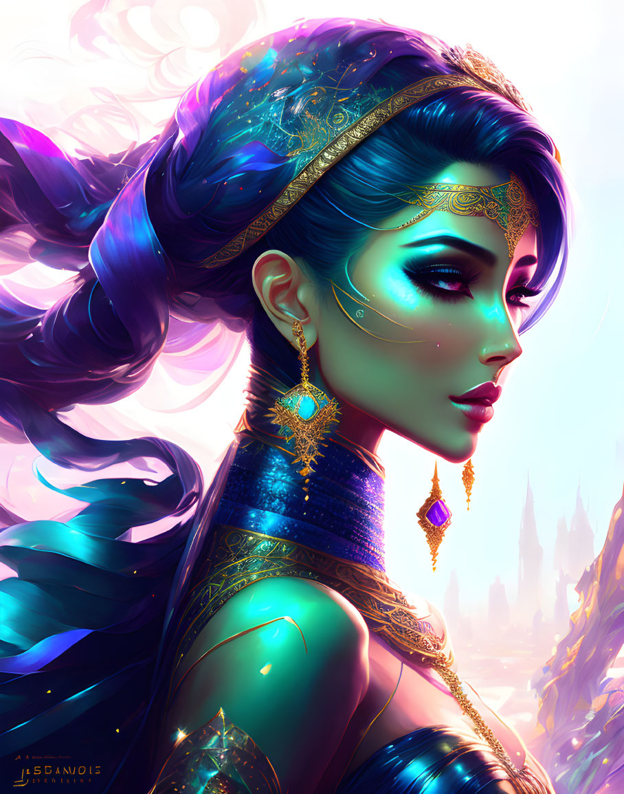 Fantasy portrait of a woman with blue skin, purple hair, and gold jewelry