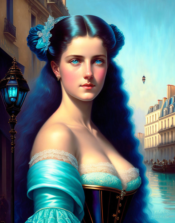 Digital Artwork: Woman with Blue Hair in European Street with Hot Air Balloon