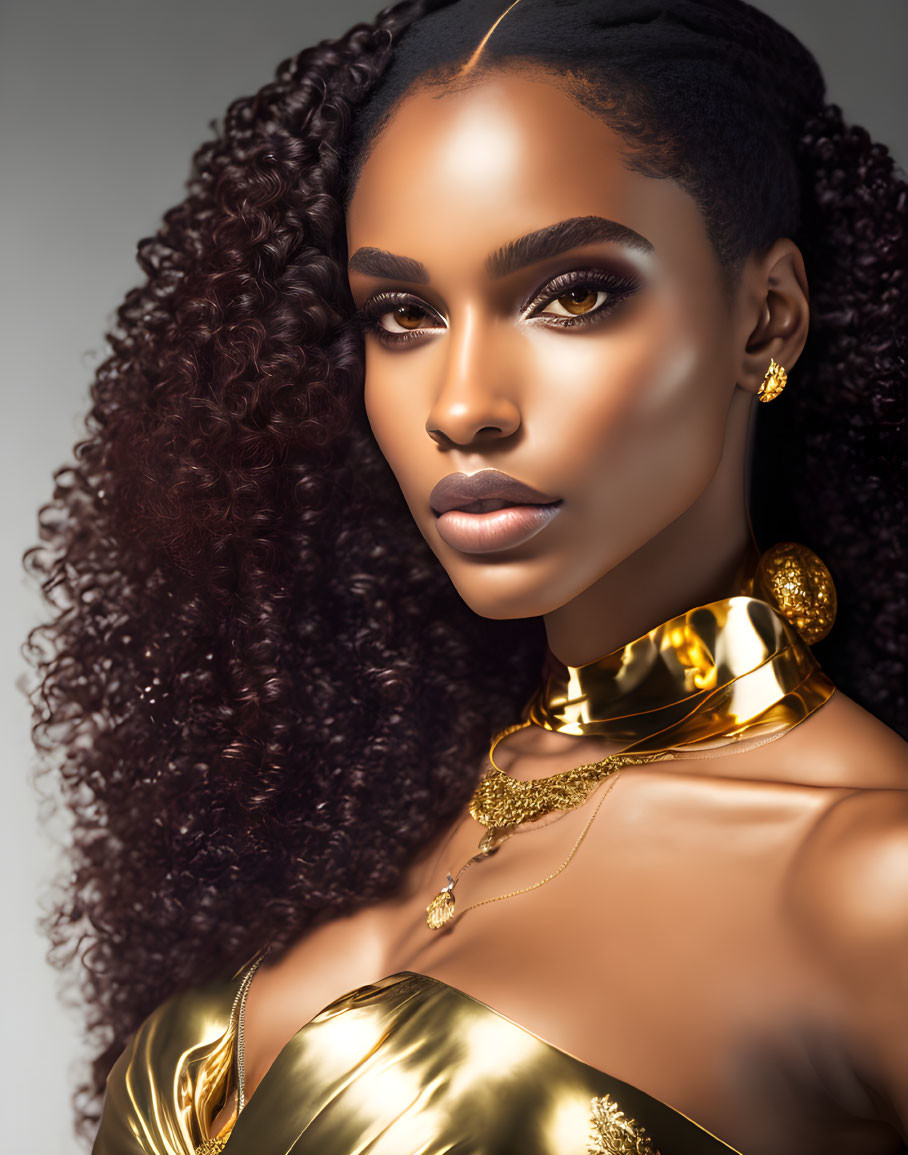 Curly-Haired Woman with Striking Makeup in Gold Jewelry and Top