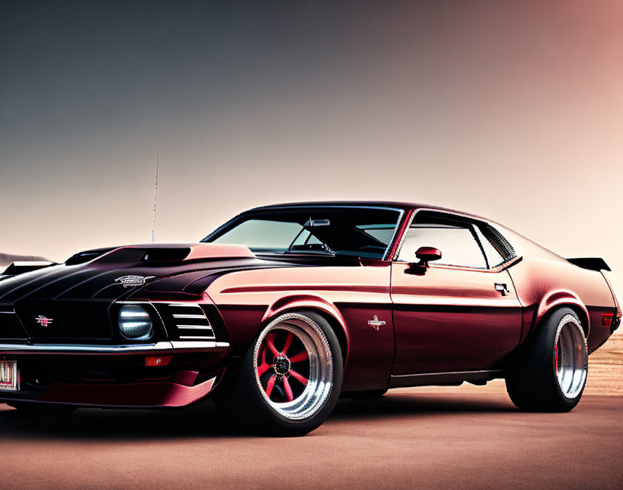 Custom Red and Black Ford Mustang with Racing Stripes and Chrome Wheels