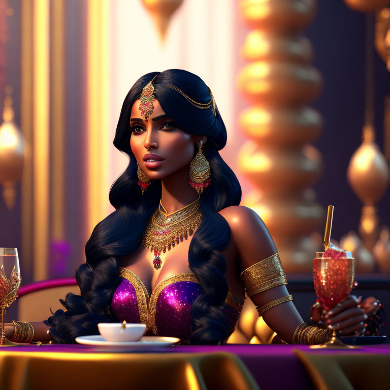 Digital illustration of woman in blue attire with gold jewelry and henna, seated at opulent table with