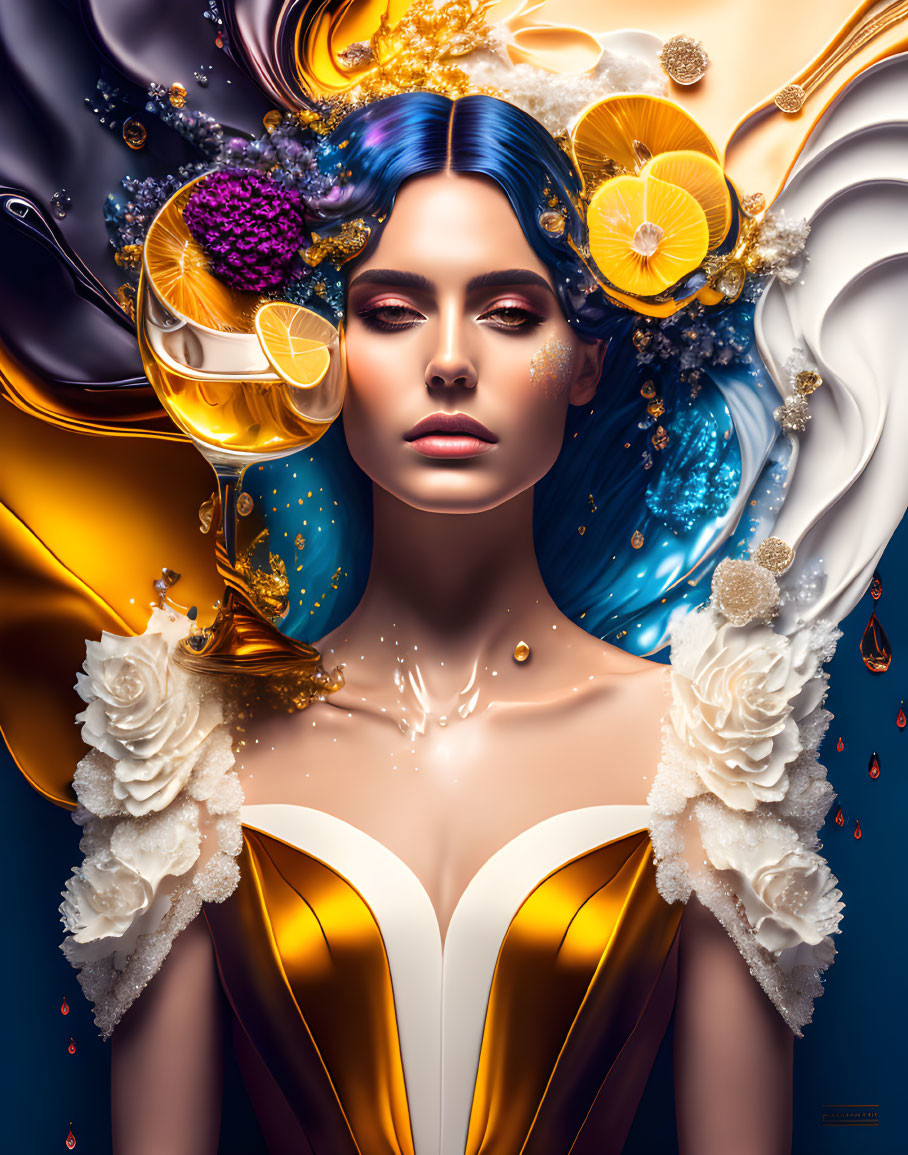 Vibrant portrait of a woman with blue hair and decorative elements