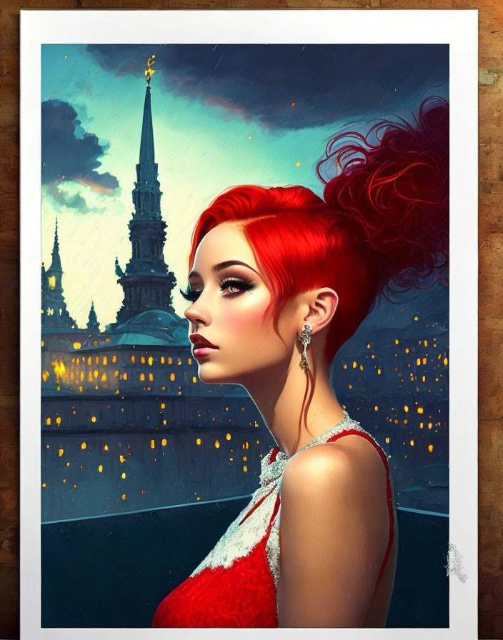 Digital artwork: Woman with red hair in elegant dress against night cityscape