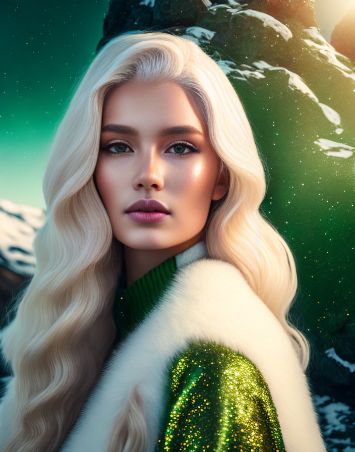 Blond woman in green and gold outfit with snowy mountains and starry sky.