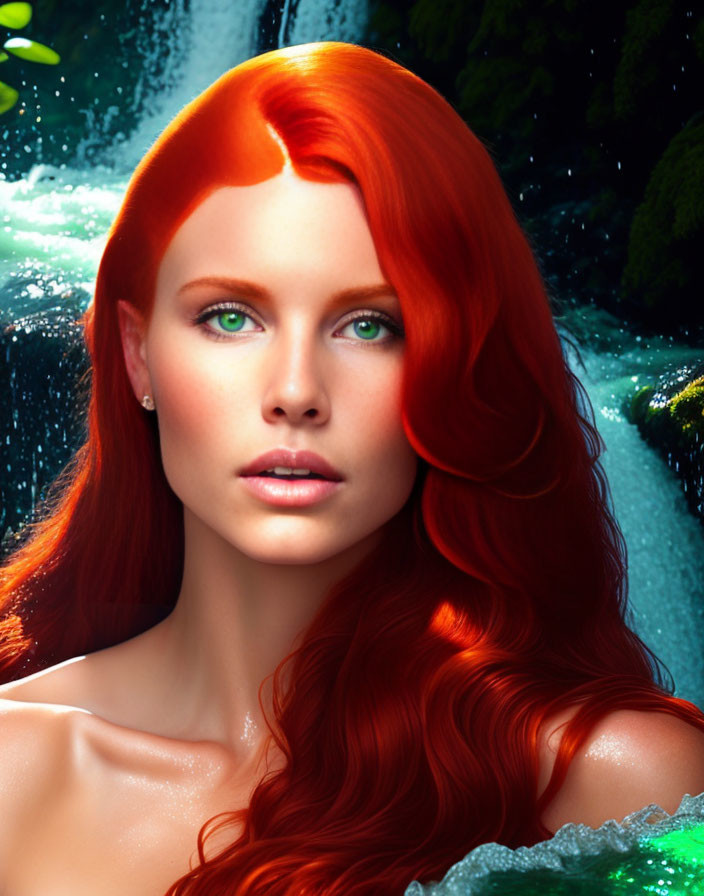 Vibrant red-haired woman with green eyes in lush waterfall setting