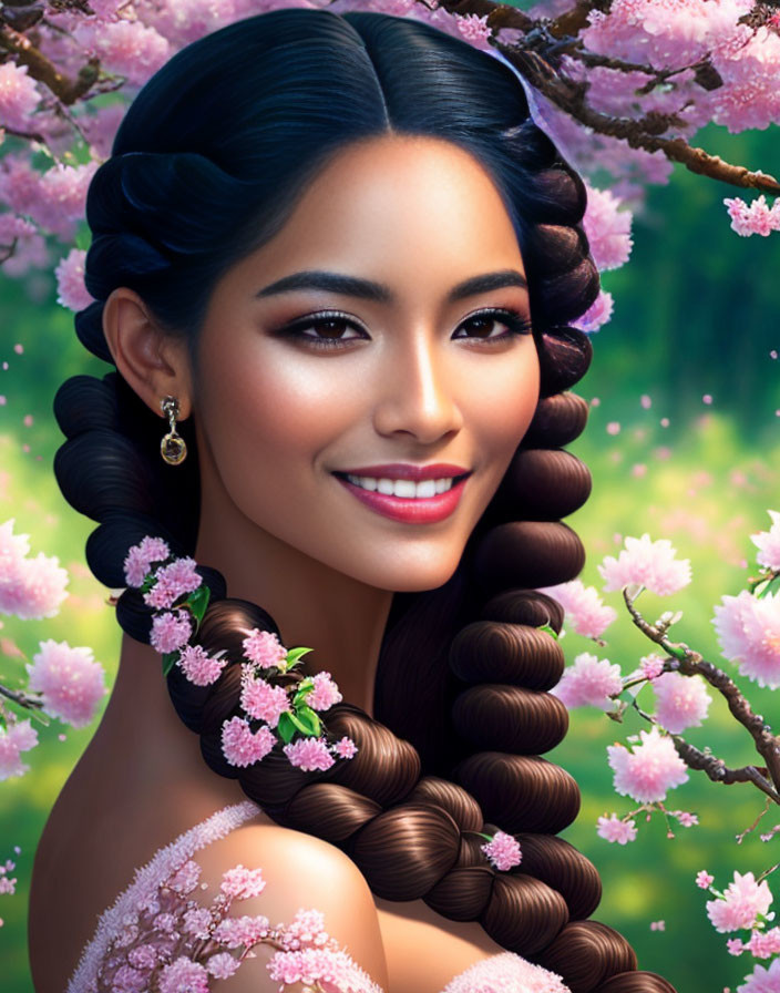 Smiling woman with intricate braided hair and cherry blossom backdrop