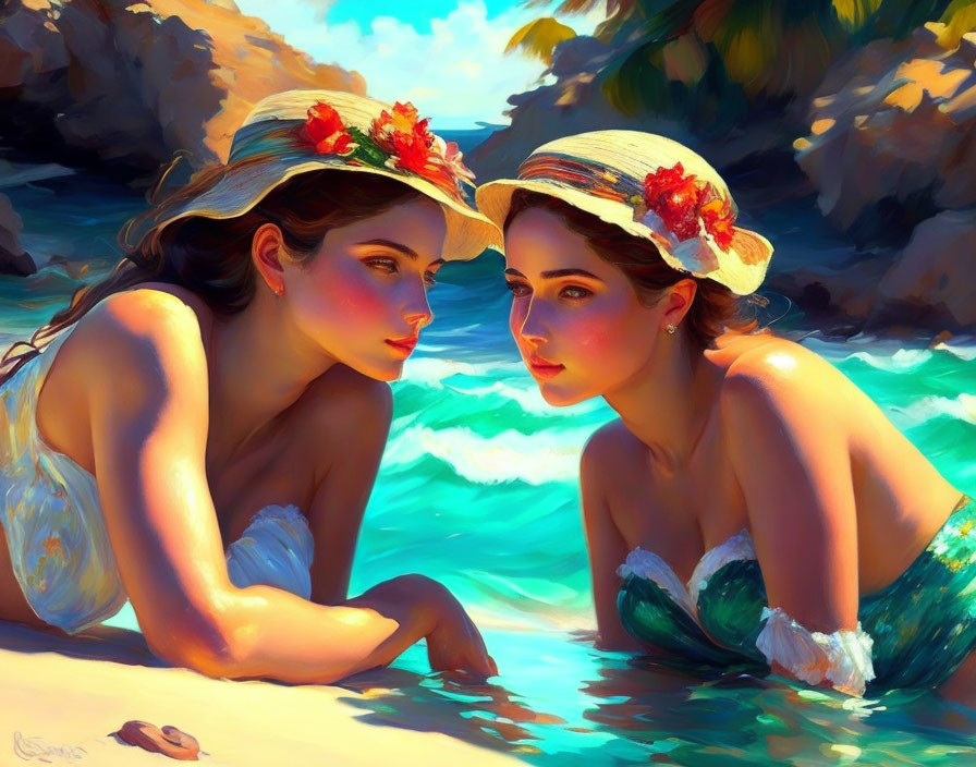 Women in sun hats with red flowers by the sea on a sunny day