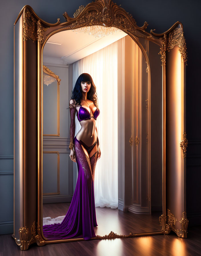 Elegant woman in purple gown before ornate golden mirror