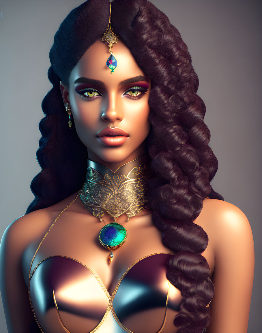 Portrait of woman with curly hair, emerald eyes, and ornate jewelry.