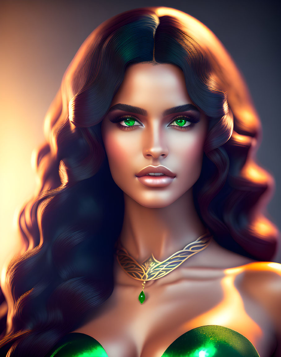 Voluminous wavy hair woman with green eyes and golden necklace on warm background