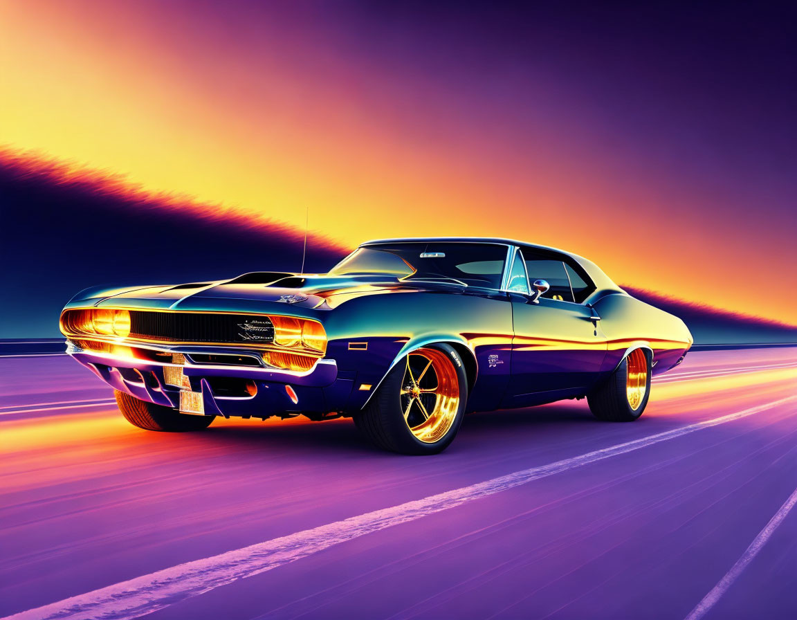 Vintage muscle car with blue and orange colors under sunset sky