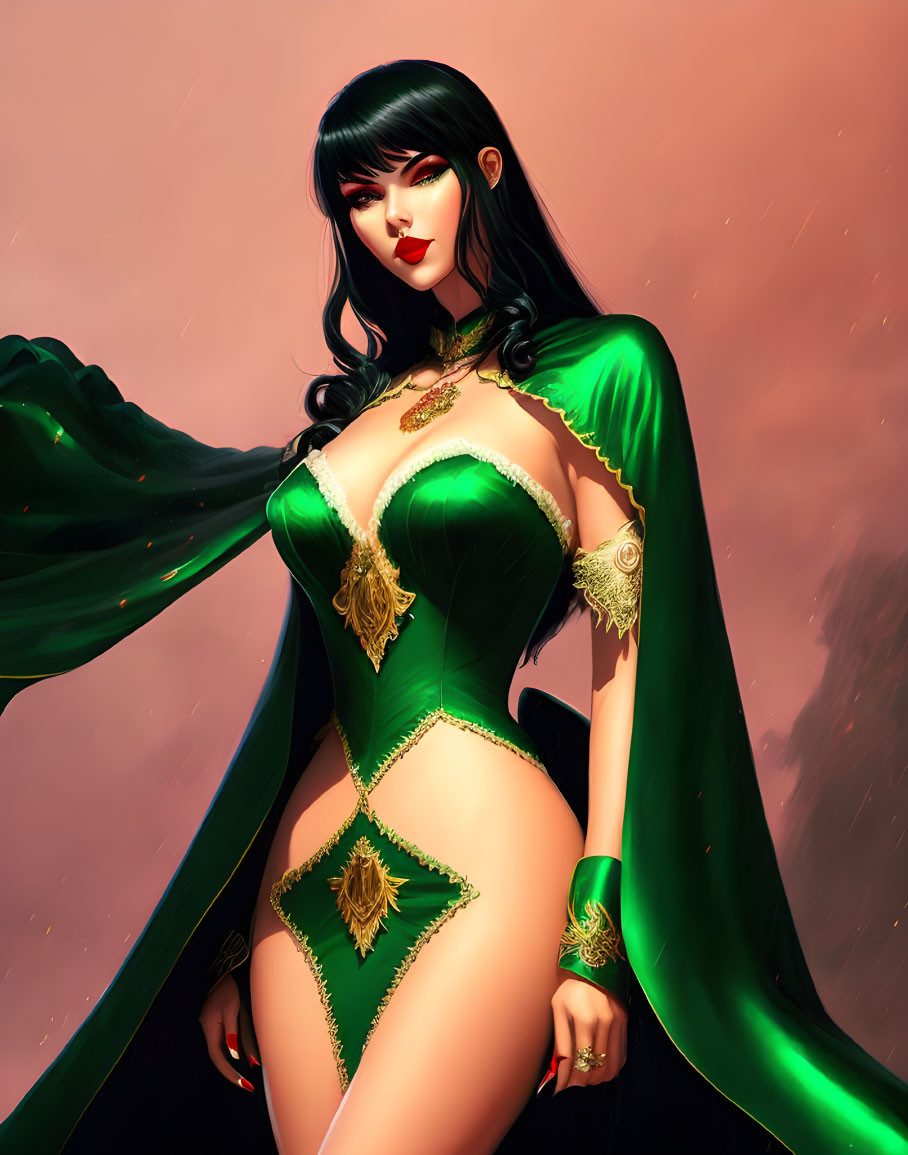 Fantasy Female Character in Green and Gold Costume on Warm Background