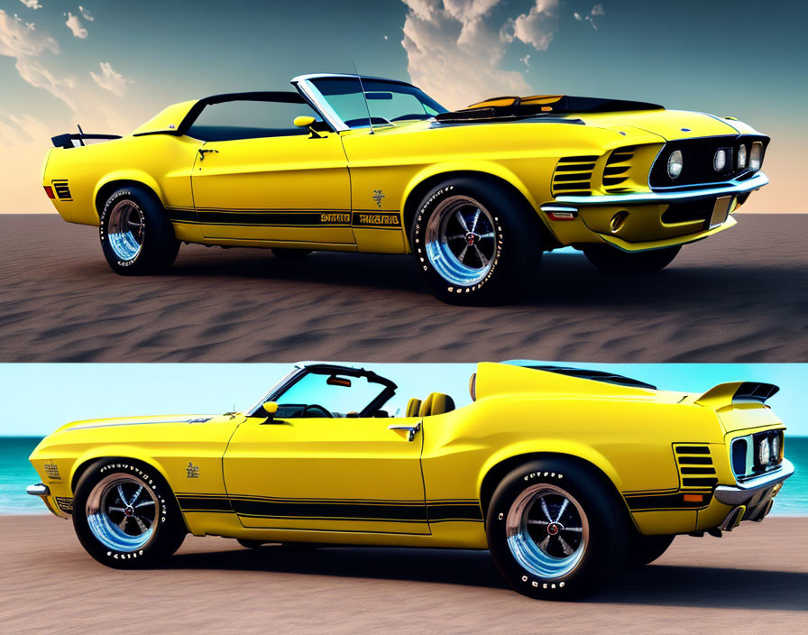 Yellow Classic Mustang Convertible with Black Stripes on Desert Road