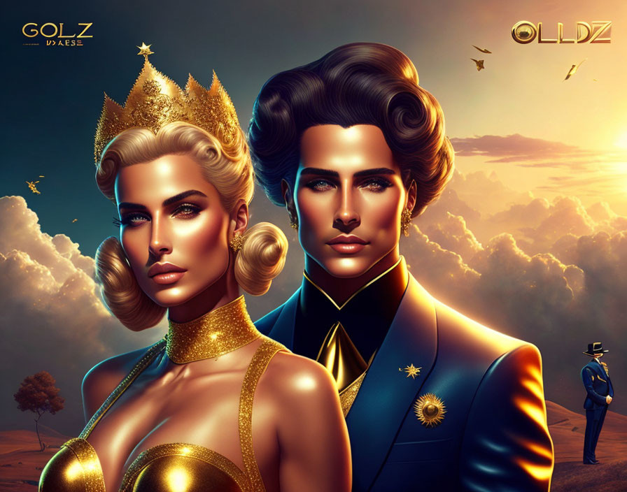 Stylized royal couple with golden accessories in sunset landscape.