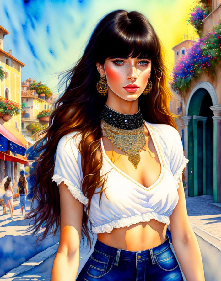 Digital artwork: Woman with long black hair and blue eyes in white crop top, gold jewelry, vibrant