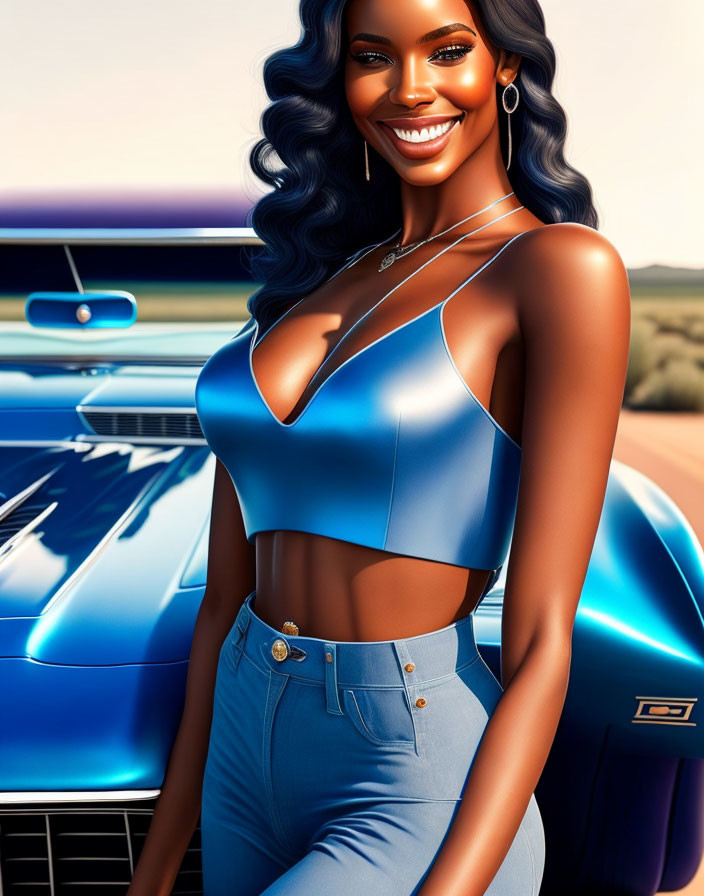 Smiling woman with blue wavy hair in blue outfit by classic car