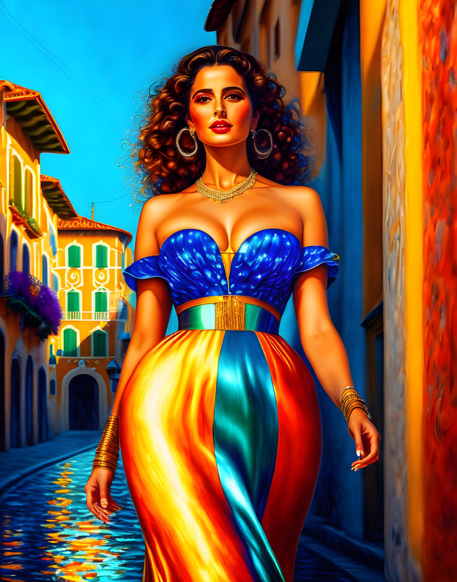 Colorful Illustration: Woman with Curly Hair in Strapless Dress in Sunlit Alleyway