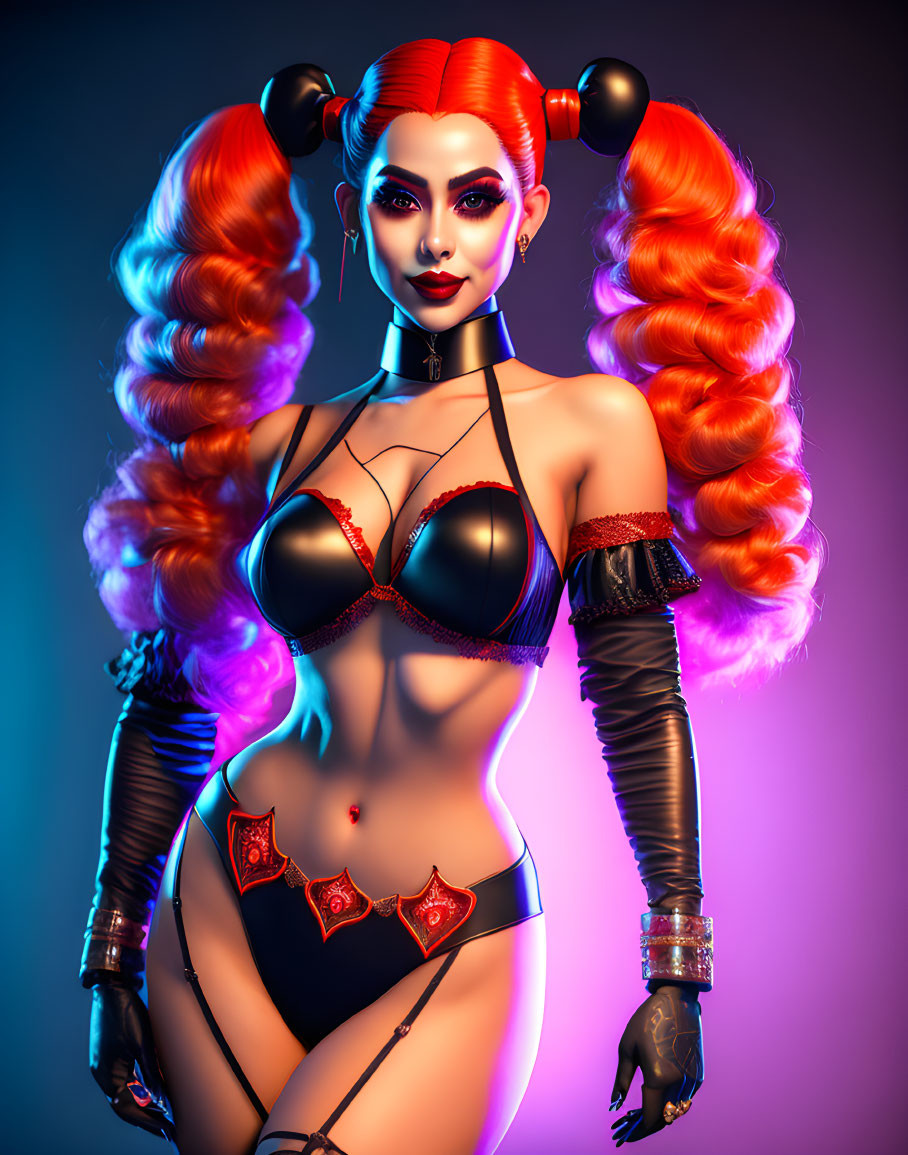 Stylized 3D illustration of woman with red double ponytails in lingerie